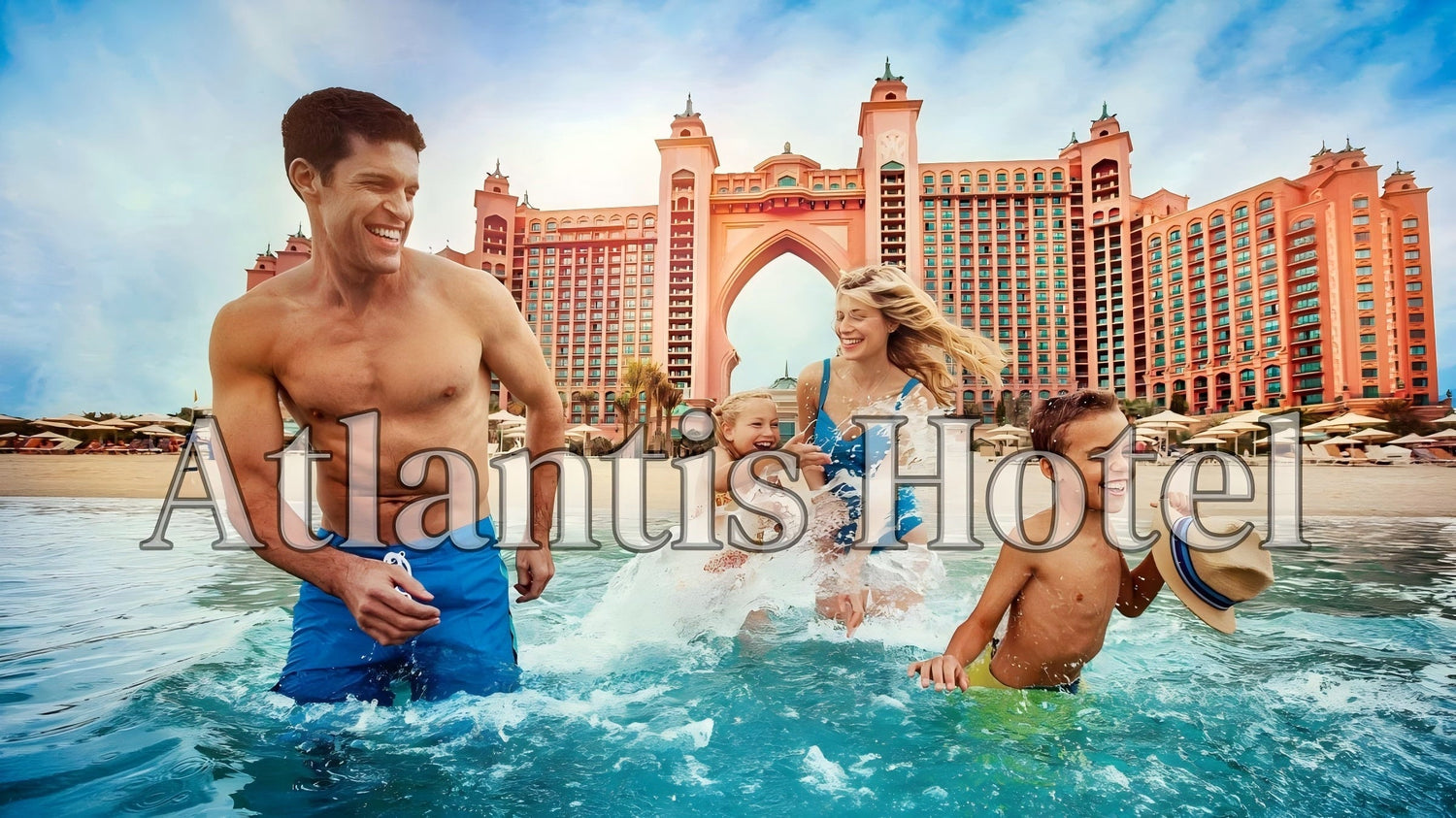 a family of 4 playing happily on the beach before Atlantis hotel.