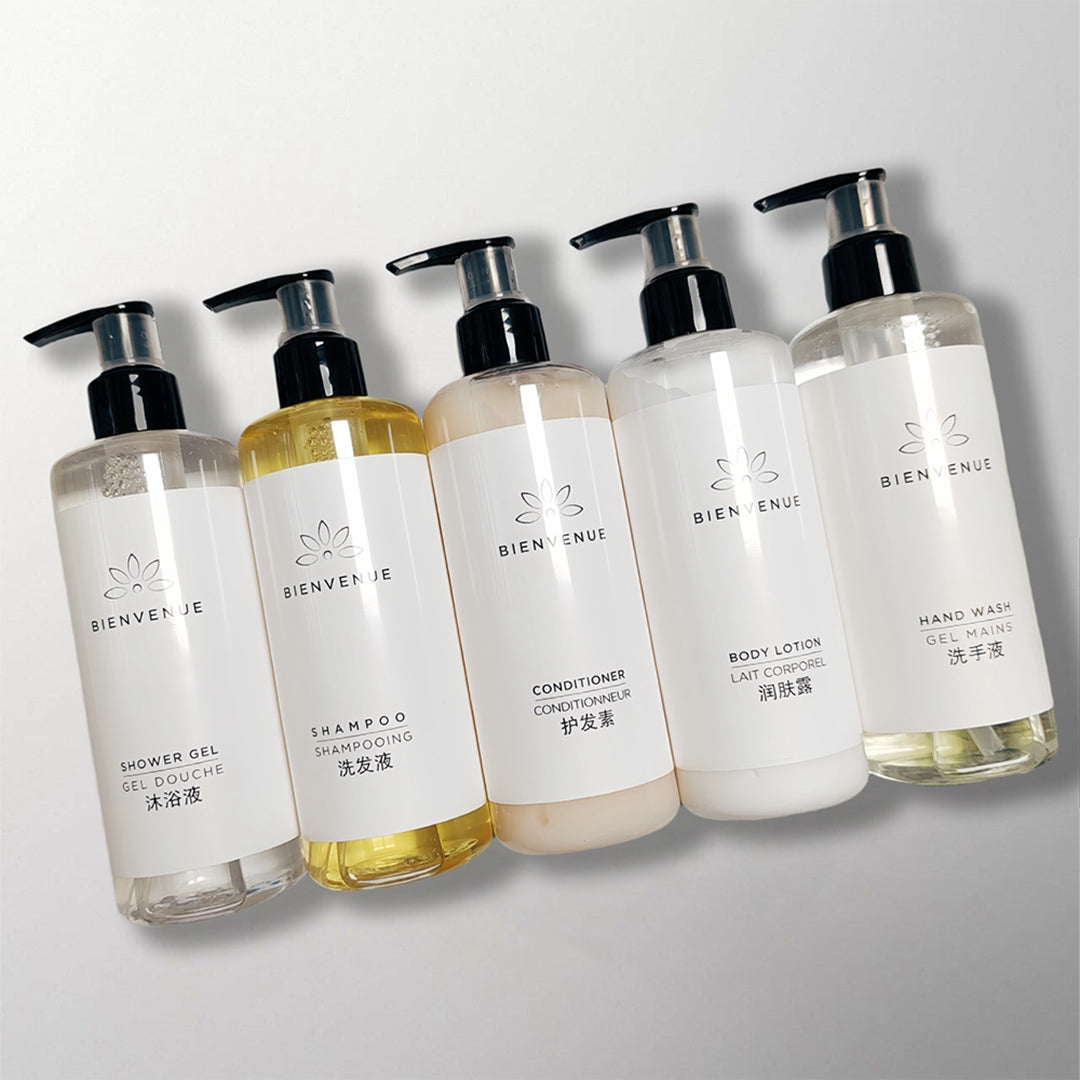 5 bottles of Meipeng Luxury hotel toiletries.