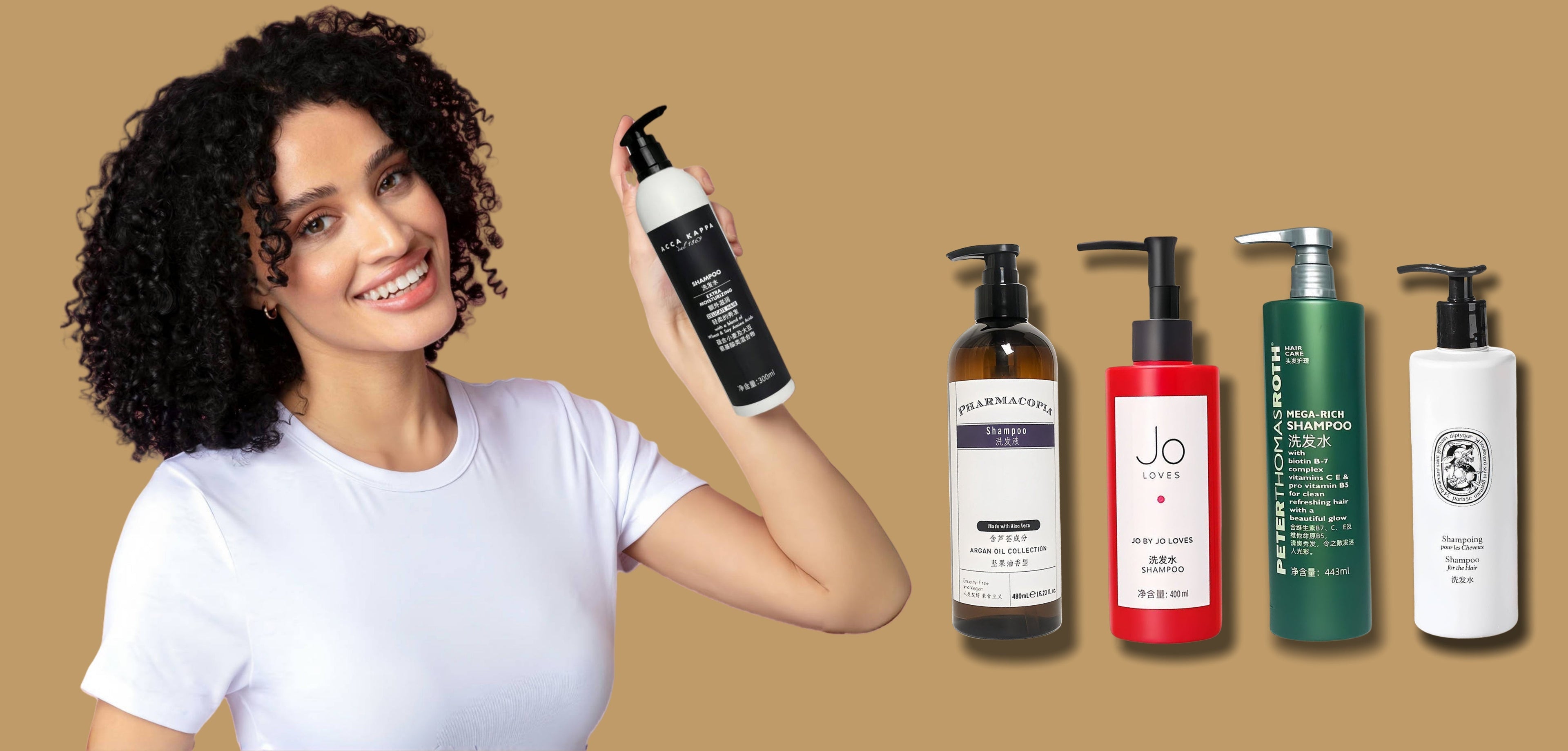 The background is beige. On the left, a girl is shown holding ACCA KAPPA toiletries in her left hand and smiling happily. On the right, 4 bottles of toiletries of different brands are shown.